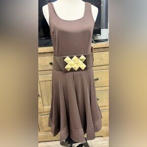 New by Shani‎ Brown Dress w/Belt w/Gold Accents with shape wear under! MSRP $290